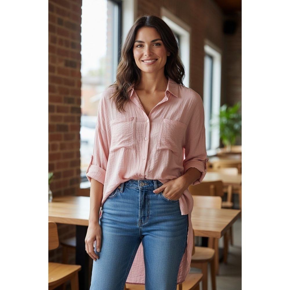 Maven West Blush Pink 100% Cupro Button Down Shirt High Low Made in USA Large